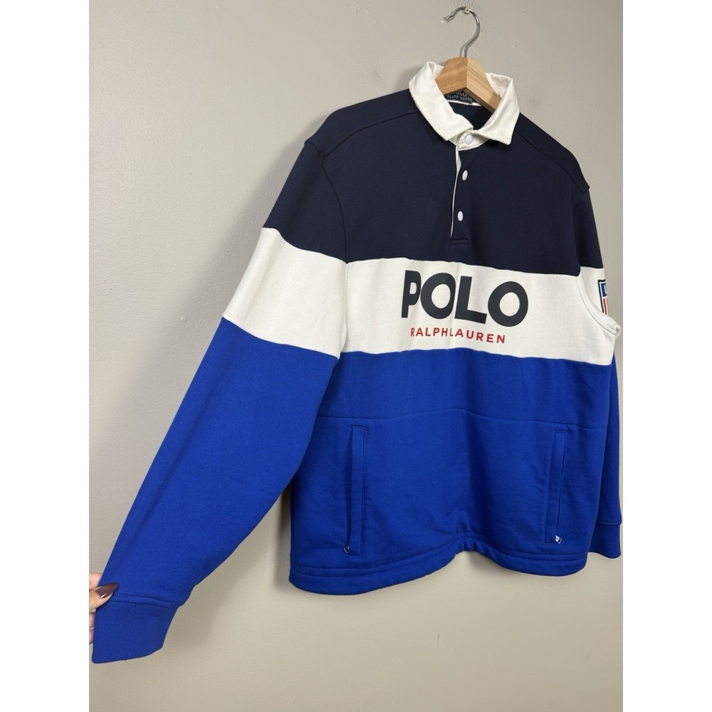 Polo Ralph Lauren Logo Spellout Rugby USA Colorblock Sweatshirt Blue White Shirt - Picture 3 of 9